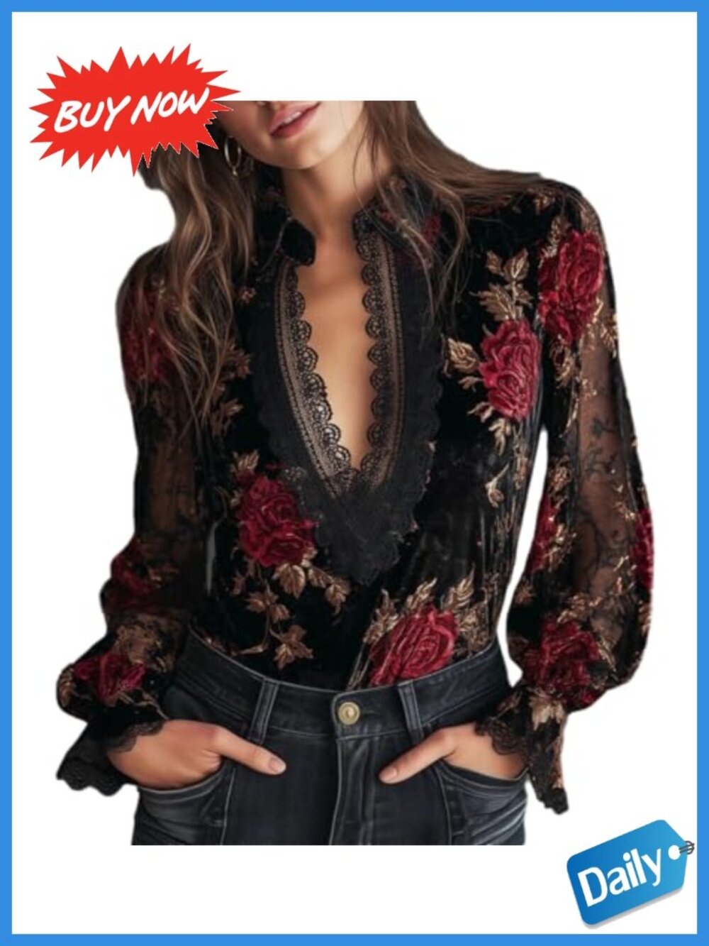 Velvet Floral Long Sleeve Lace Patchwork Pullover Elegant Top
